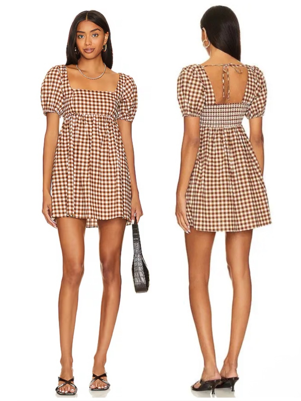 Show Me Your MuMu Smitten Babydoll Dress in Brown Gingham Size S